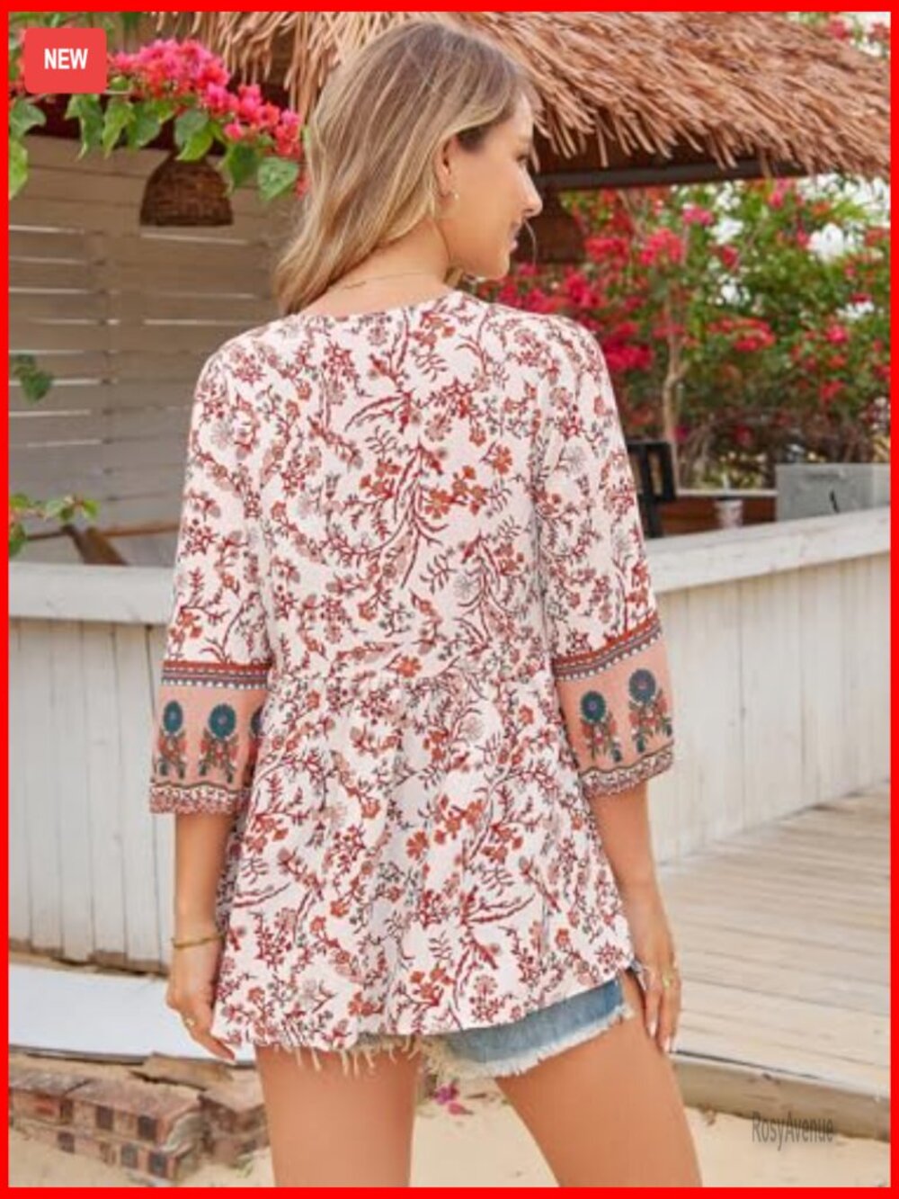 Boho Floral 3/4 Sleeve Babydoll Tunic Top - Flowy Peplum Blouse - Picture 6 of 7